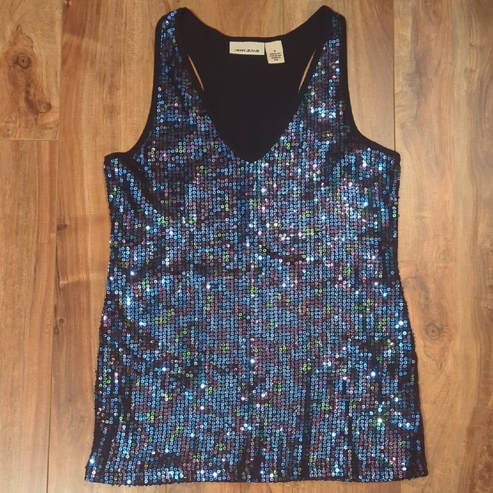 DKNY Jeans Black and Blue Sequin Sleeveless Tank Top Size Medium
